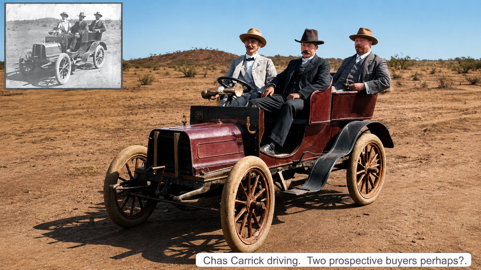 Charles Carrick driving an early motorcar in the Western Australian Goldfields.